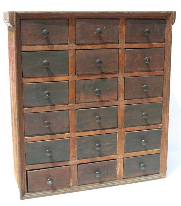 Tramp Art antique 18 drawer apothecary chest w ciga