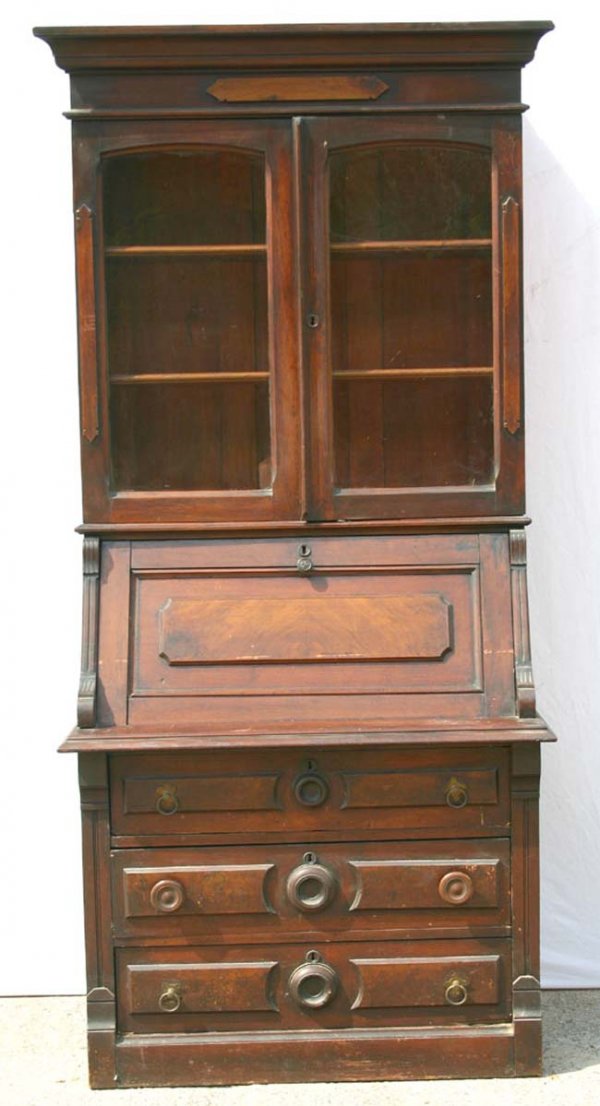 Vict carved walnut drop front secretary - missing s