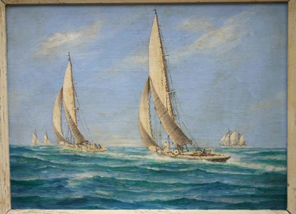 Fine J. Arnold 8 ¾ x 12 o/bd marine scene - 5 sail