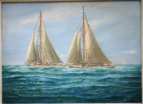 Fine J. Arnold 8 ¾ x 12 o/bd marine scene - 3 sail