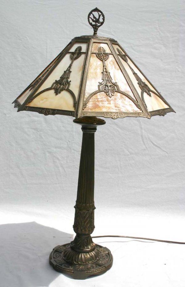 sgnd Miller carmel slag glass table lamp - 18" dia