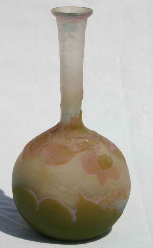 Galle French Cameo 6 1/2" banjo vase w pink & gre - 2