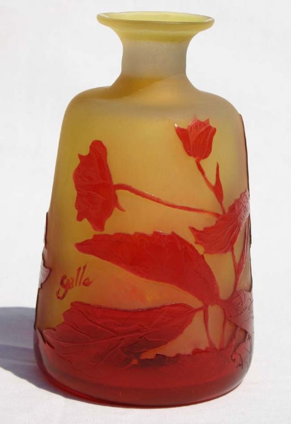 Galle French Cameo 5" bottle w red floral dec on