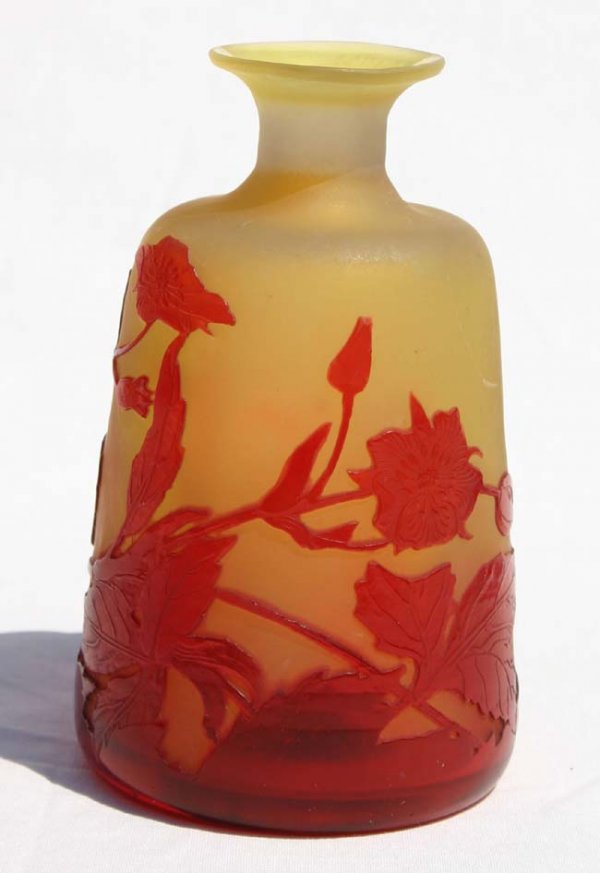 Galle French Cameo 5" bottle w red floral dec on - 2