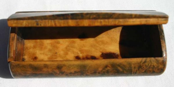 Civil War burl snuff box - 3 3/4" long MOP inlay