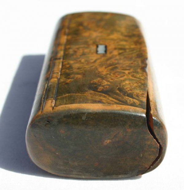 Civil War burl snuff box - 3 3/4" long MOP inlay - 2