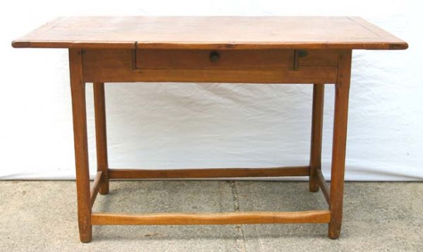 18th C 1 drawer stretcher base tavern table w larg