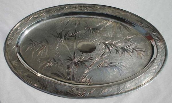 lg 22" x 14" oval sterling silver platter w bamboo