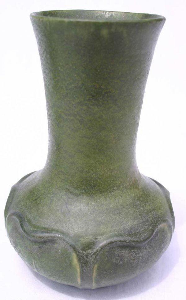 sgnd Grueby 6 1/2" green glazed carved dec vase