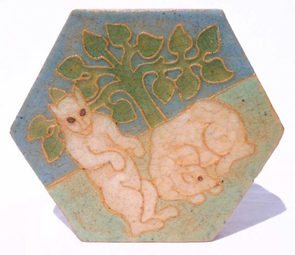 unsgnd Grueby hexagonal tile w animal & tree dec