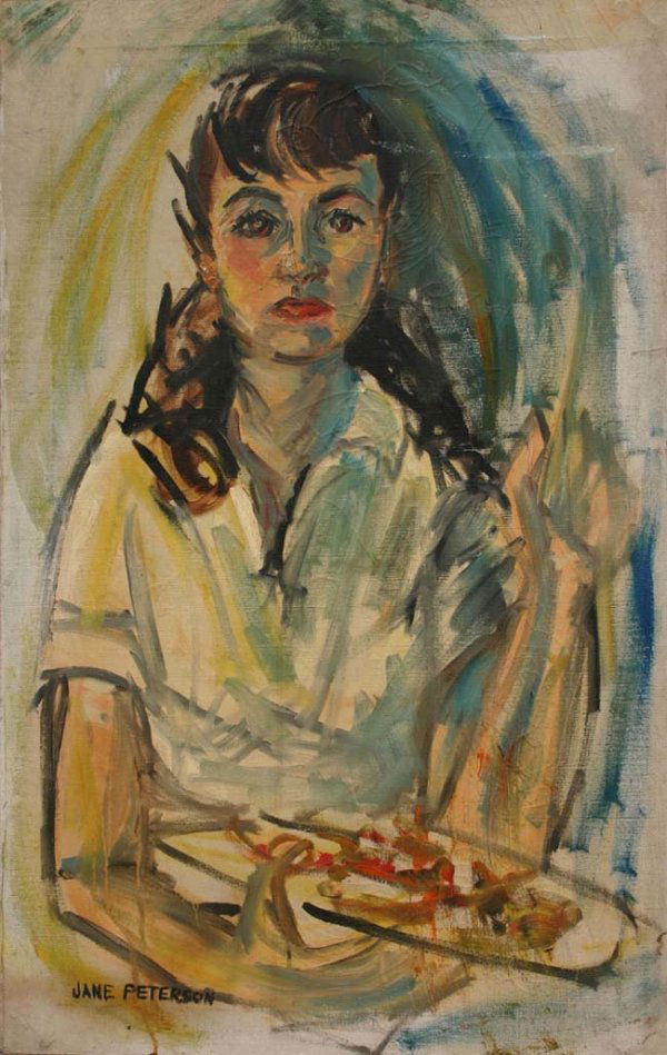 sgnd Jane Peterson (attrib) 36x 22 ¼ o/c portrait: sgnd Jane Peterson (attrib) 36x 22 ¼ o/c portrait of a young woman w artist palate (possibly early self portrait)