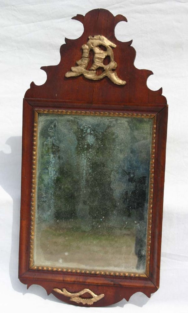 ca 1750 QA mahog mirror in old finish w gold leaf