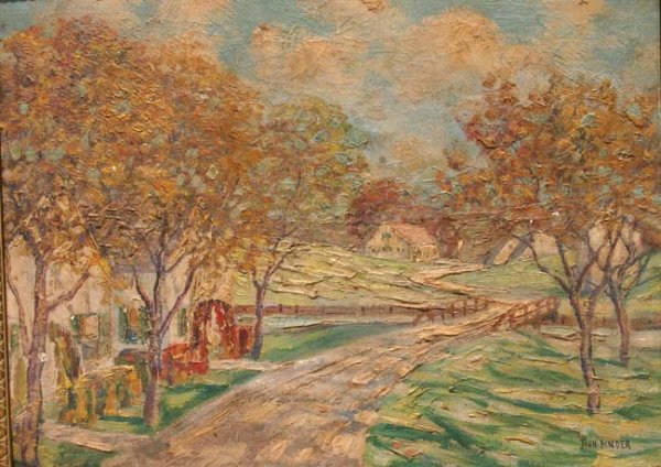 John Binder 12x16 o/bd titled "Vermont Village" la