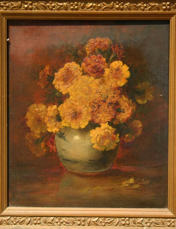 unsgnd 15 1/4" x 13 1/4" o/c still life vase of fl