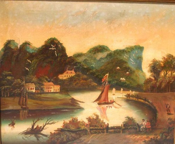 19th C Unsgnd 20x24 o/c primitive river scape w bo