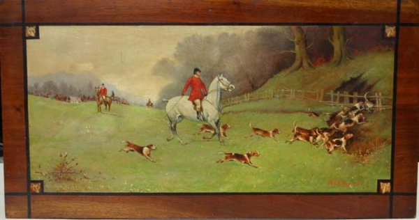 signed Schiller (?) dtd 1921 16x30 o/panel hunt sc