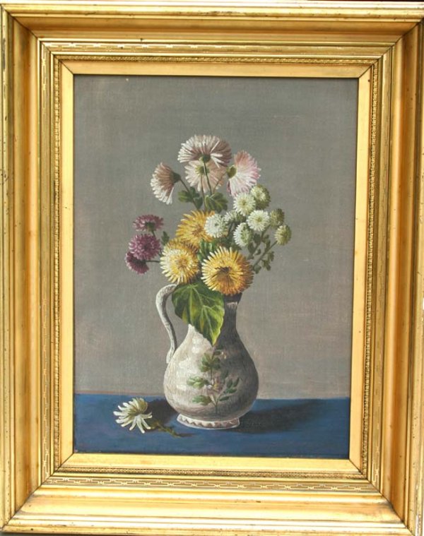 unsgnd 16x12 o/c still life pitcher of flowers