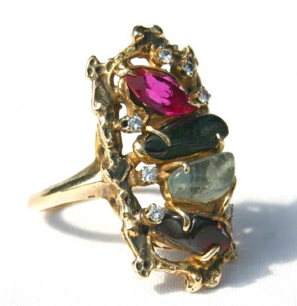 lg 14k gold cocktail ring w many multi colored st