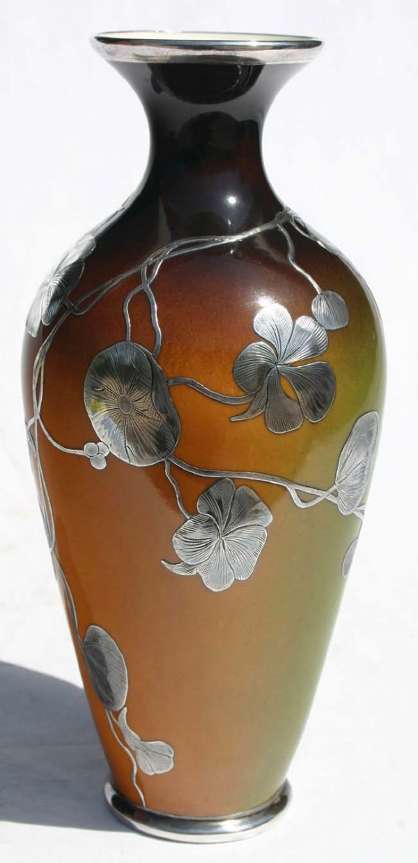 First mark Ceramic Art Co 10 ¼" silver overlay vas - 2