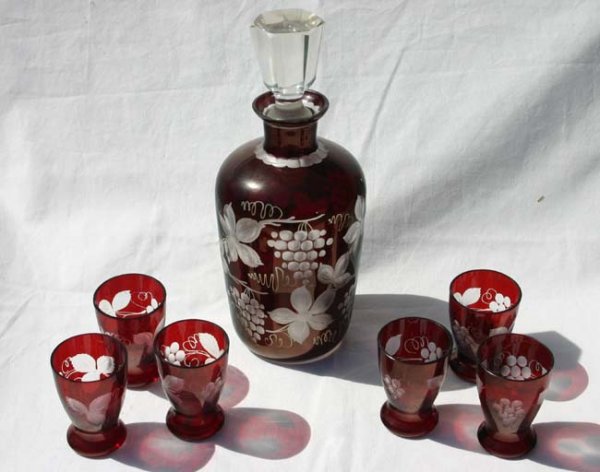 Bohemium cranberry cut to clear decanter set - 8 1