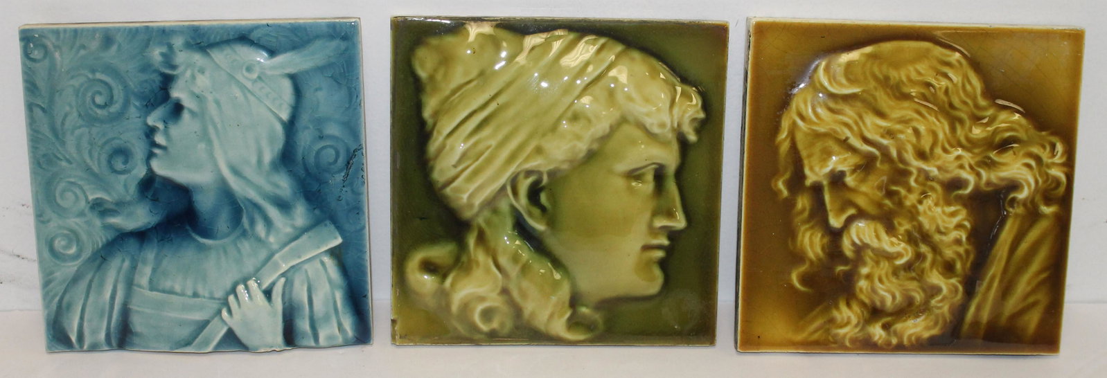3 pottery tiles w figural decoration by The Art Tile: 3 pottery tiles w figural decoration by The Art Tile Works - Chelsea, MA, Trent & A.E. Tile Co - 6" square tiles