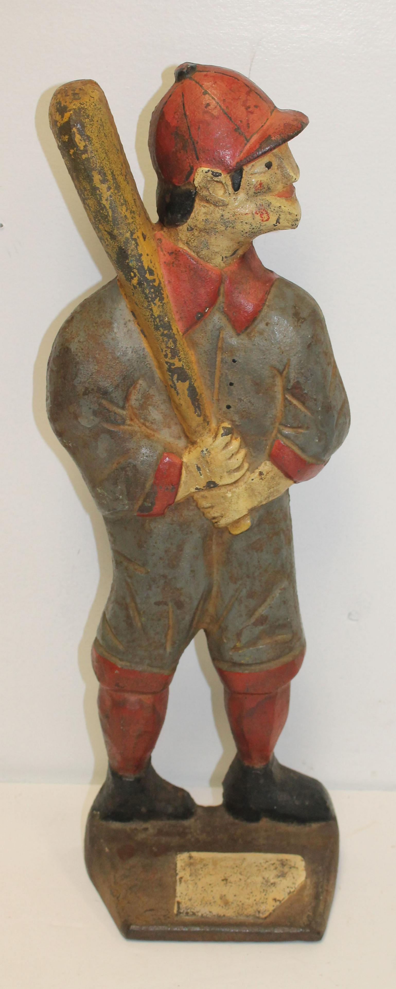 Antique cast iron baseball player doorstop w "O.C.F.: Antique cast iron baseball player doorstop w "O.C.F. 1912" stamped on verso - 16 3/4" tall