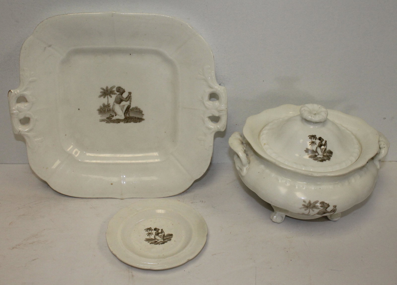 "And Freedom to the Slave" anti-slavery ceramic lot w: "And Freedom to the Slave" anti-slavery ceramic lot w African American transfer dec incl covered tureen, square platter & cup plate - produced by Abolitionists to further their cause