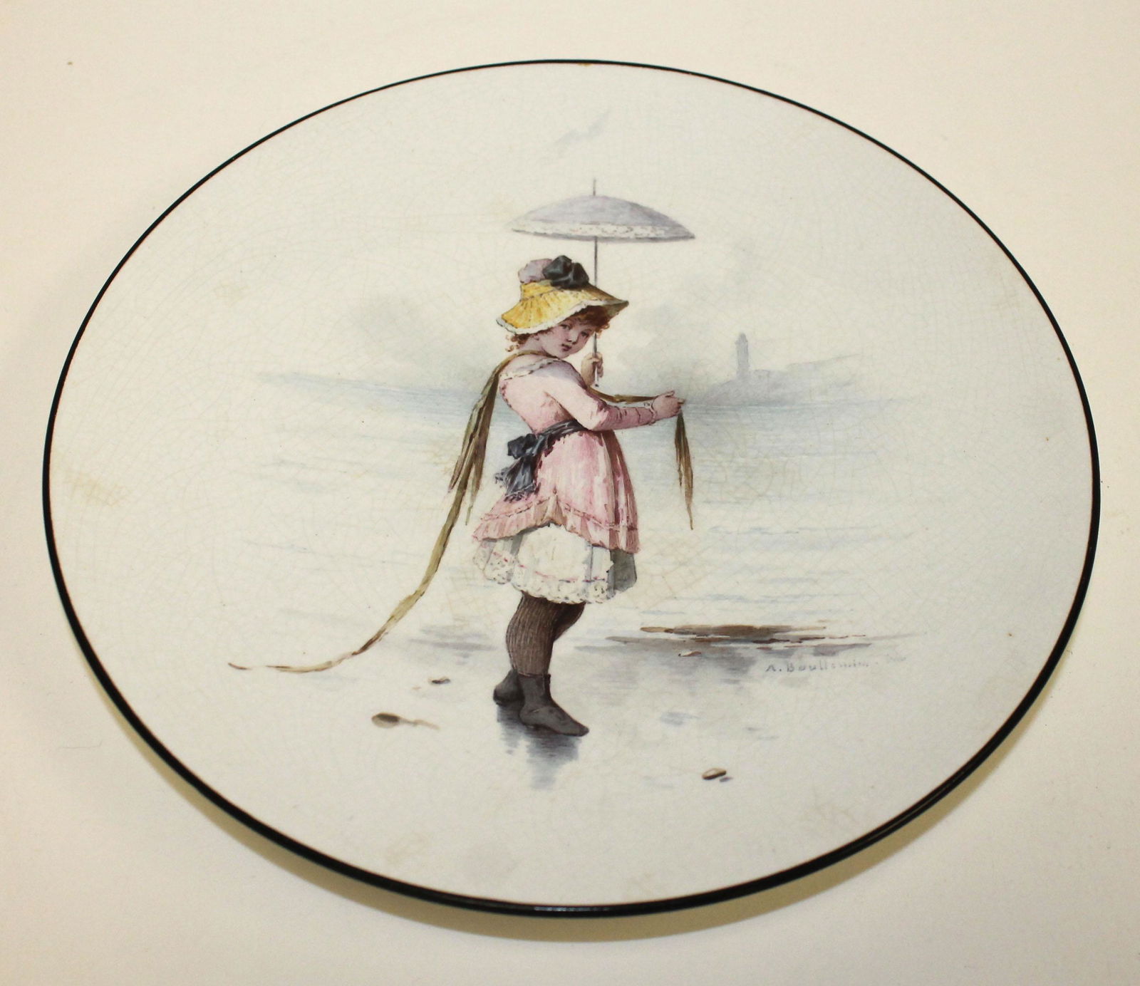 Minton porcelain beautiful portrait plate of child w: Minton porcelain beautiful portrait plate of child w umbrella- artist sgnd by Antonin Boullemier - from the Richard Wright collection of Antiques Roadshow fame - orig collection sticker - 6 1/2" diam