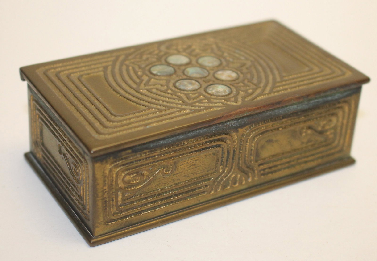 sgnd Tiffany bronze "Abalone" pattern stamp box: sgnd Tiffany bronze "Abalone" pattern stamp box