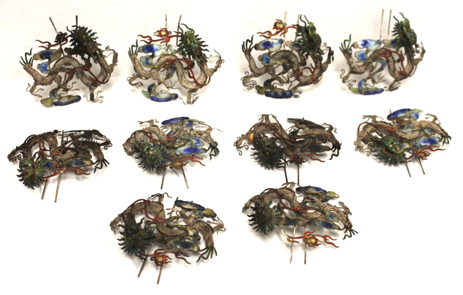 set of 10 vintage silver & enameled dragon form place: set of 10 vintage silver & enameled dragon form place card holders - 2 3/4" wide