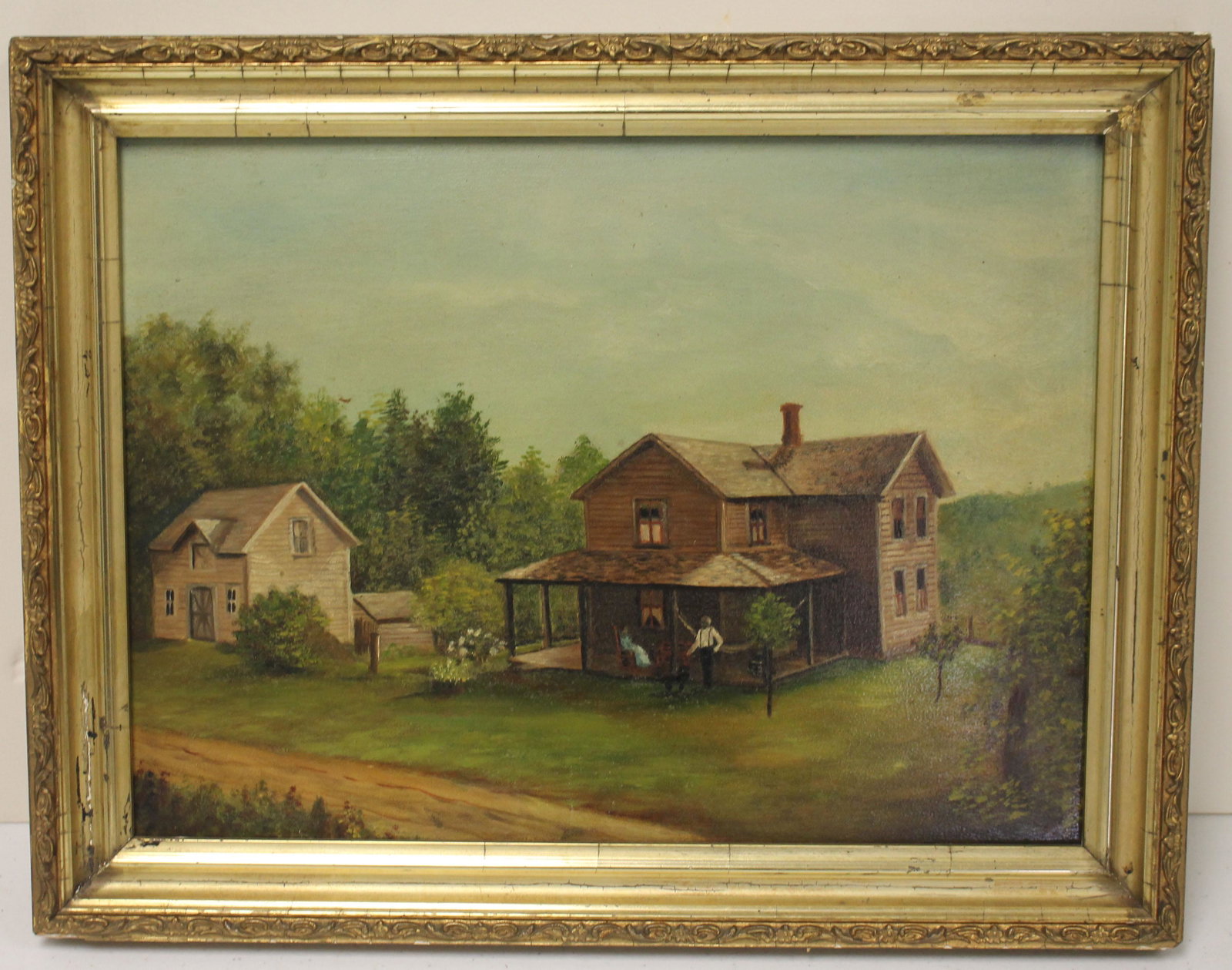 Antique o/bd depicting an African American couple w dog: Antique o/bd depicting an African American couple w dog sitting on the porch of a farmhouse - 9"x12 1/2"