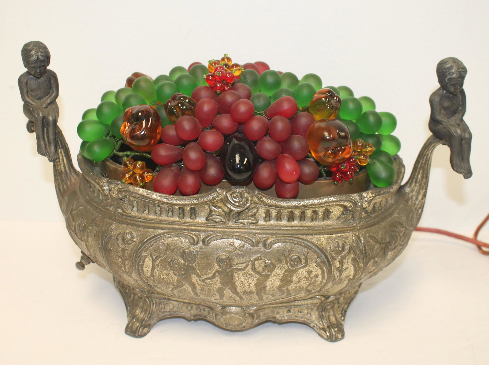 Czech lamp with glass fruit and figural accents - 15: Czech lamp with glass fruit and figural accents - 15 1/2" wide, 8 1/2" tall