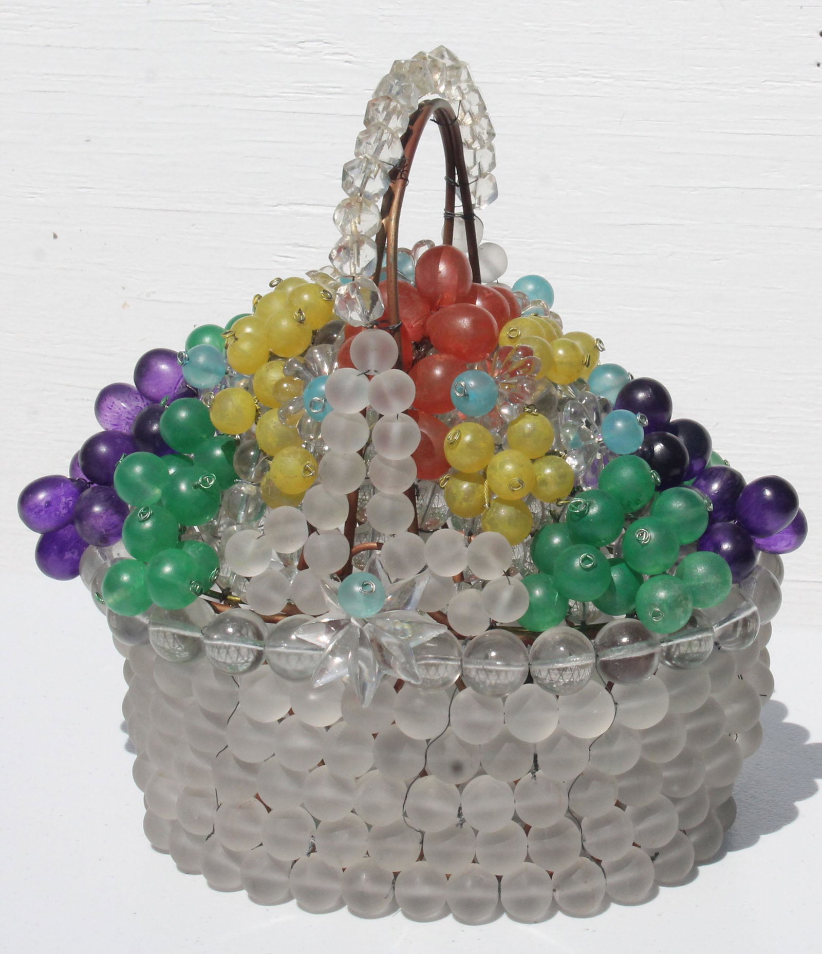 Czech lamp with glass fruit in frosted ball glass: Czech lamp with glass fruit in frosted ball glass basket - 10 1/2" long x 11 1/2" wide