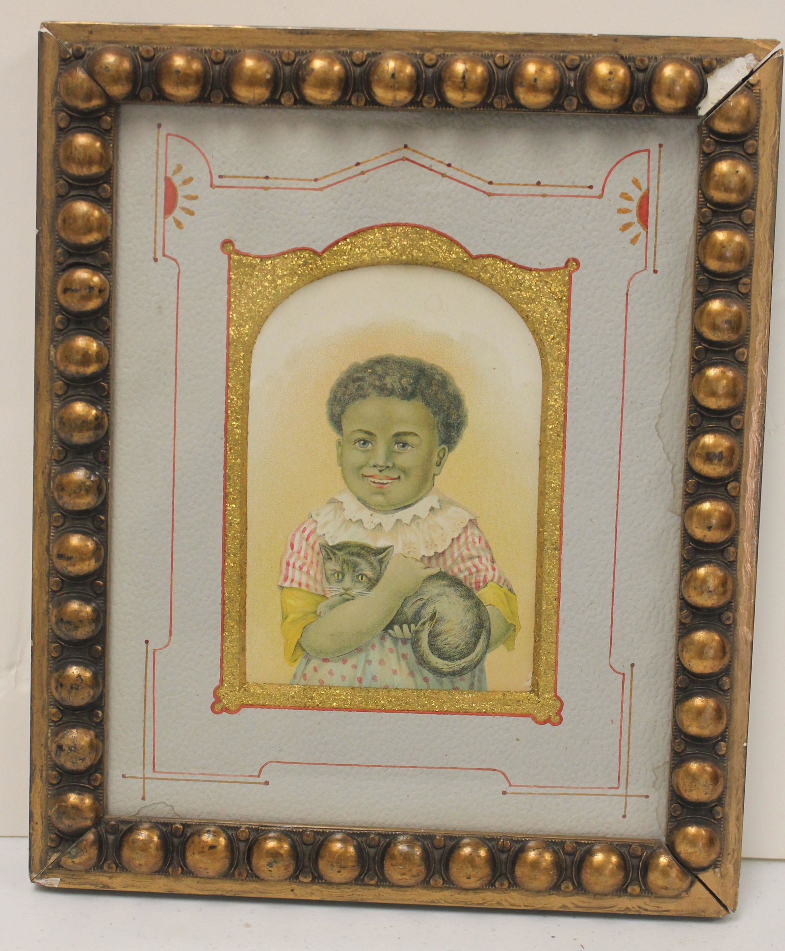 Antique print depicting African American blue eyed: Antique print depicting African American blue eyed child holding a cat - 5 1/2" x 4" sight size