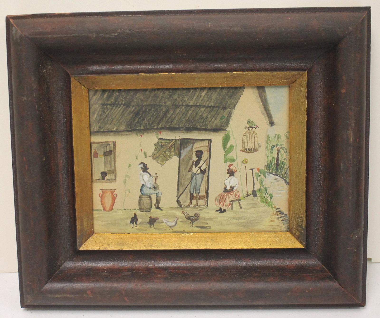 antique w/c depicting African American woman & chickens: antique w/c depicting African American woman & chickens - inscription on back says "Painted in 1908" - 6"x8"