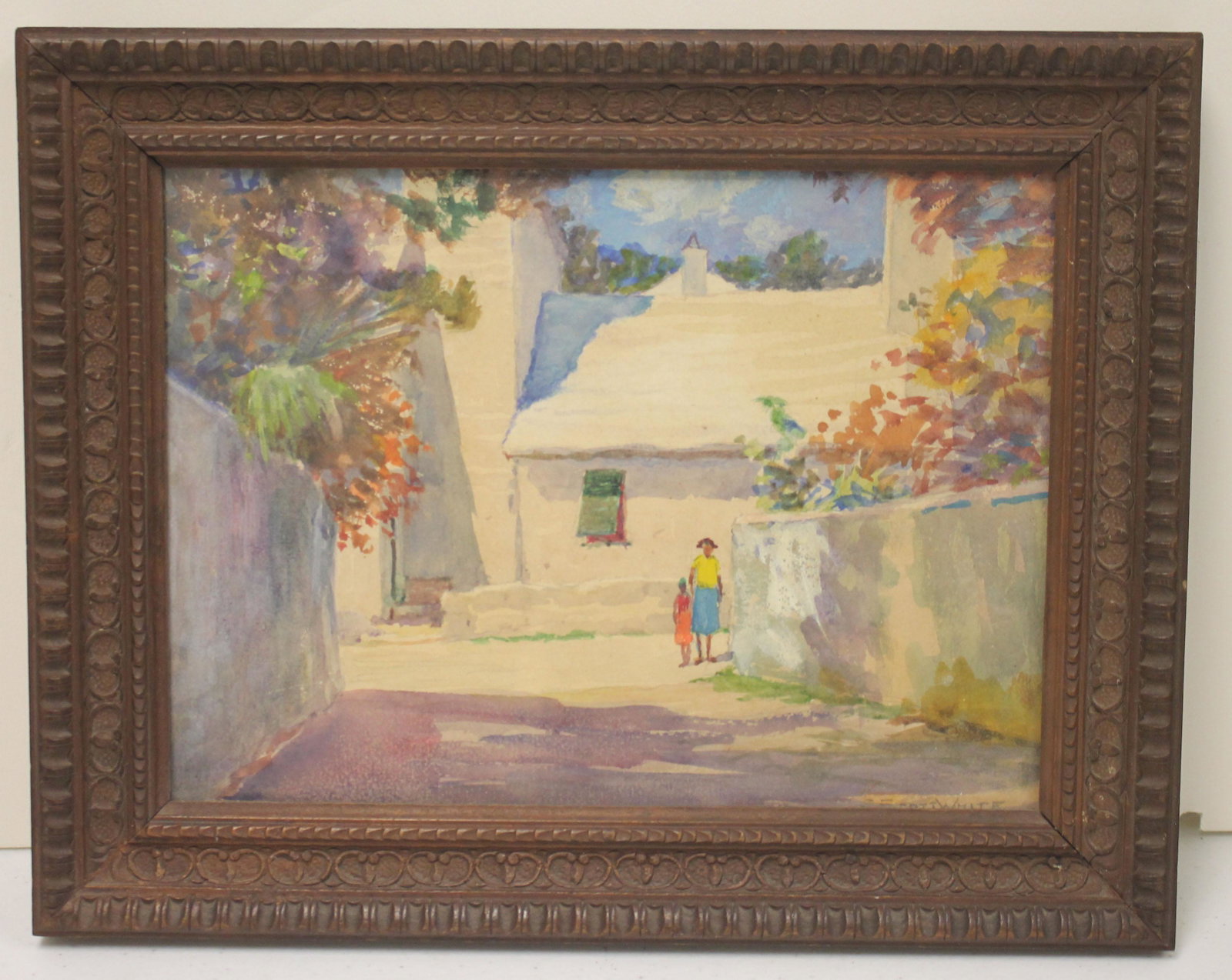 sgnd Clarence Scott White w/c depicting an African: sgnd Clarence Scott White w/c depicting an African American woman & child in a courtyard - 7"x9 1/2"