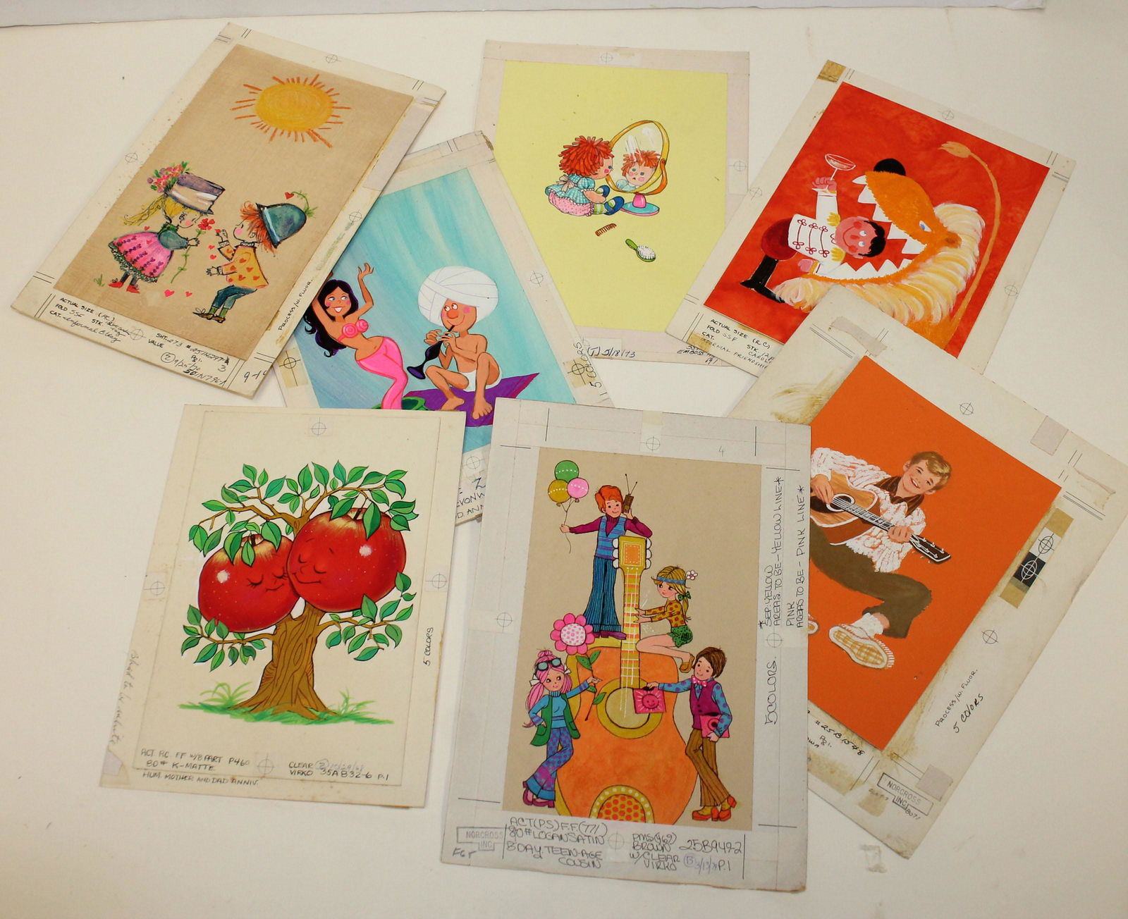 lg lot of approx 50 greeting card art in gouache, wc,: lg lot of approx 50 greeting card art in gouache, wc, pen & ink, graphite, decoupage & collage mediums - ca 1960's-70's