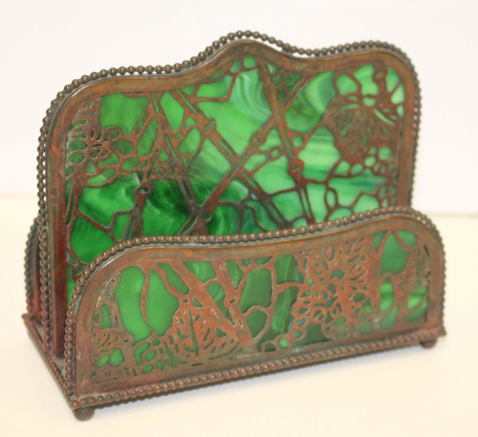 Sgnd Tiffany bronze grapevine & green glass letter rack: Sgnd Tiffany bronze grapevine & green glass letter rack - in the manner of Tiffany Studios