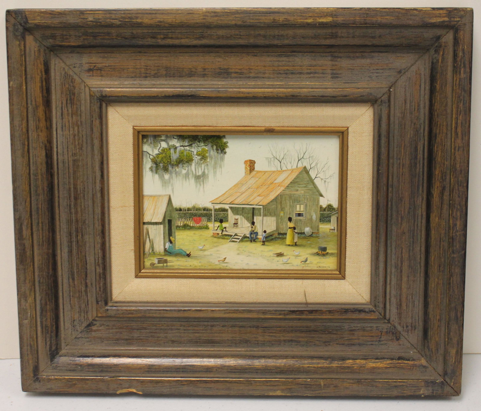 sgnd Jack R Meyers (1930-2004) o/bd depicting an: sgnd Jack R Meyers (1930-2004) o/bd depicting an African American family outside a farmhouse - dated 1974 - 5"x7"