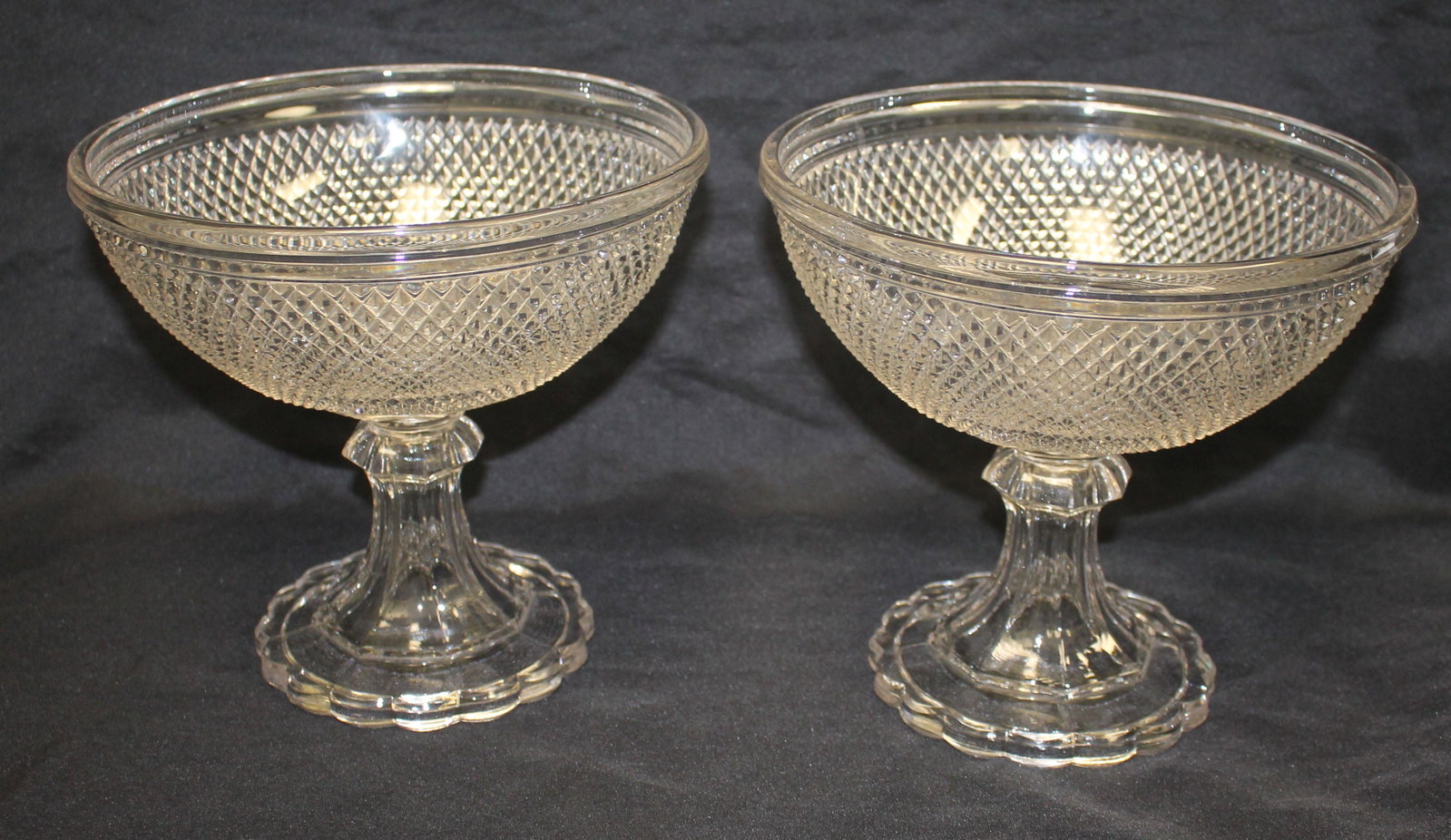 pr of flint glass diamond point compotes - 8" tall and: pr of flint glass diamond point compotes - 8" tall and 8 1/2" diameter