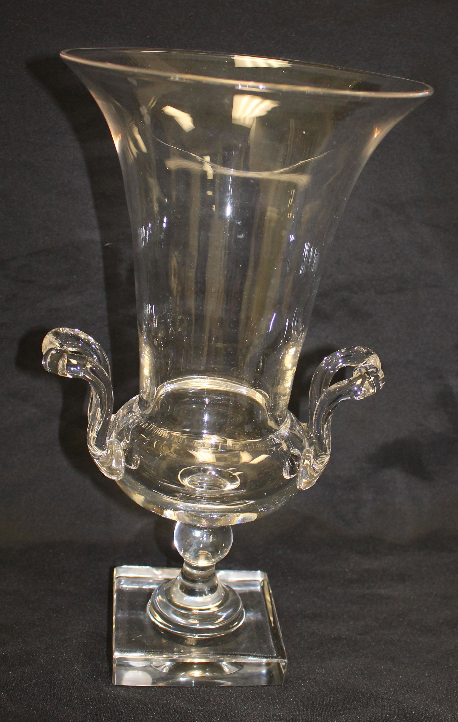 large crystal Art Glass vase with applied "M" handles -: large crystal Art Glass vase with applied "M" handles - 14 3/4" tall