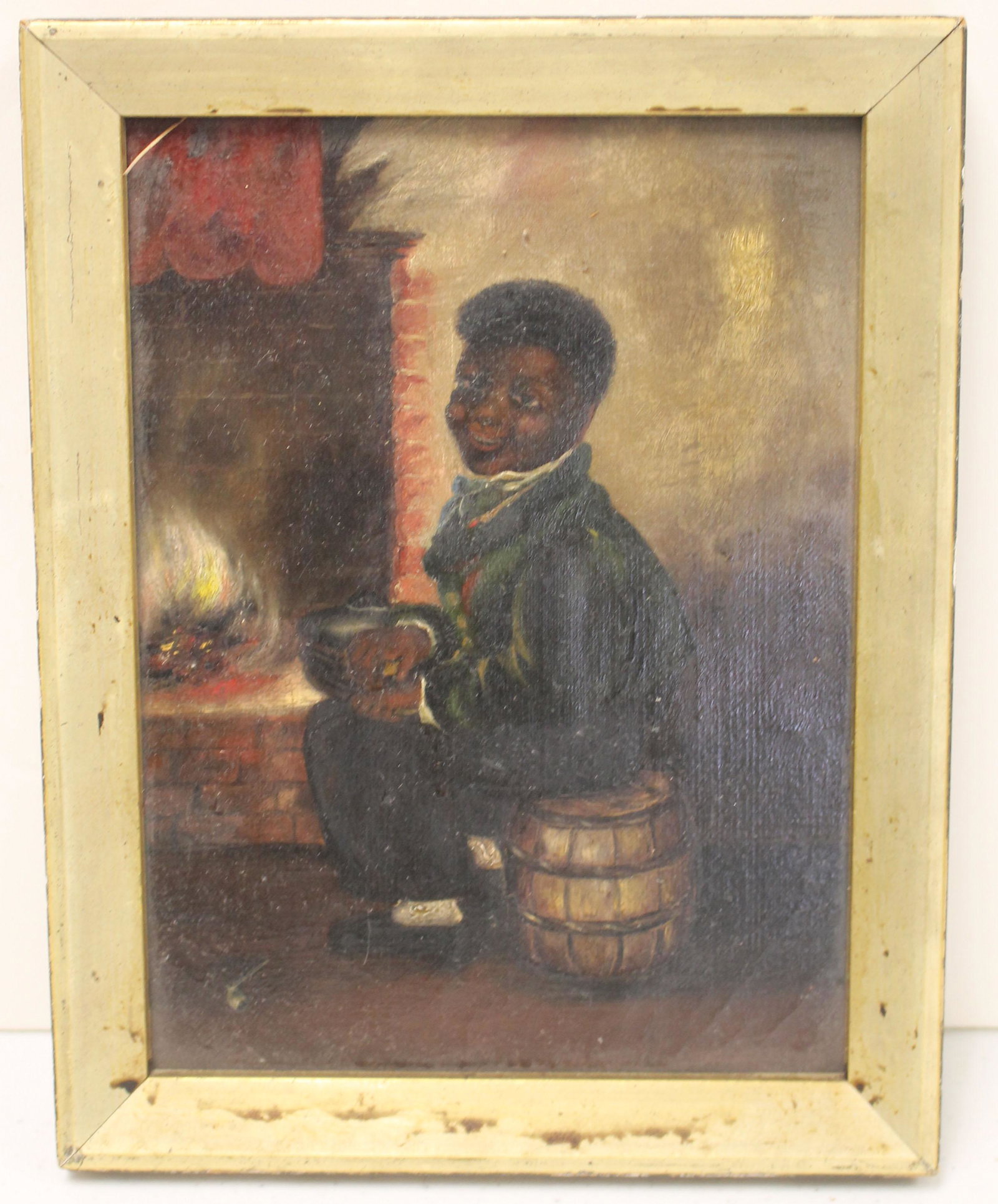 antique o/c depicting an African American boy sitting: antique o/c depicting an African American boy sitting on a barrel by a fire - 8"x6"