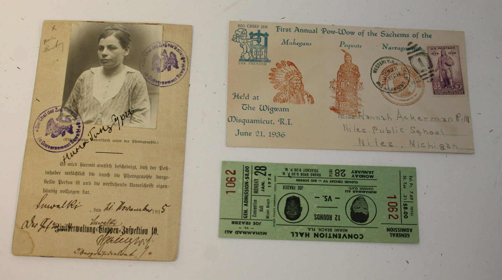 Vintage ephemera lot incl 1974 Ali-Frazier ticket,: Vintage ephemera lot incl 1974 Ali-Frazier ticket, Early passport & Pow Wow First day Cover