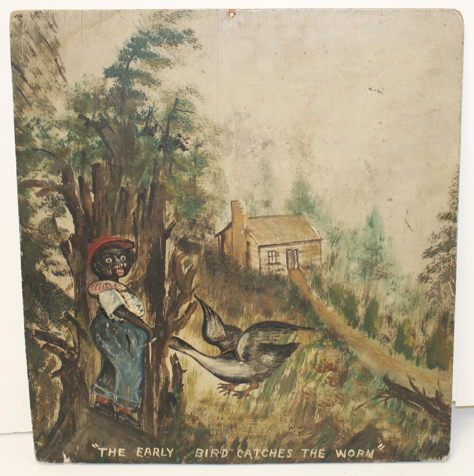15"x14" o/panel depicting an African American in a: 15"x14" o/panel depicting an African American in a farmyard w a goose titled "The Early Bird Catches the Worm" - sgnd & dated on verso Chas. W. Delp Sep. 9 -1946