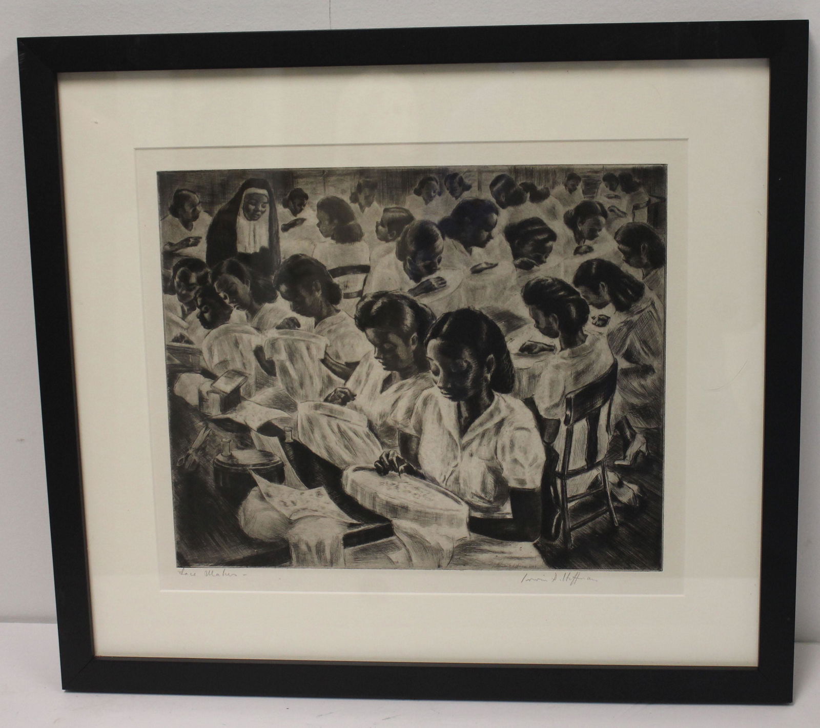 pencil sgnd Irwin Hoffman etching of girls embroidering: pencil sgnd Irwin Hoffman etching of girls embroidering - 10 3/4" x 12 3/4" sight size
