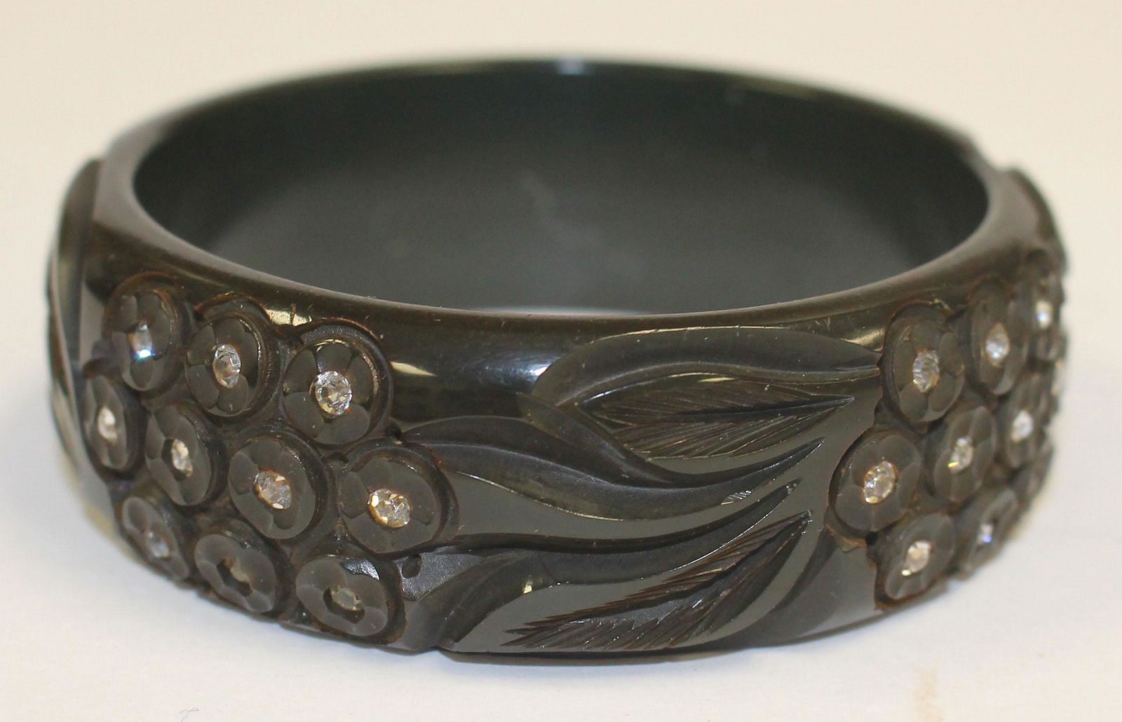 Vintage Bakelite carved ebony bangle w rhinestone (1 of 3)