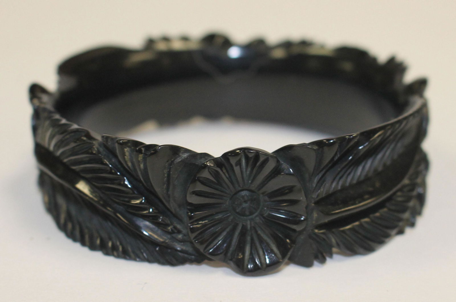 Vintage Bakelite carved ebony bangle bracelet - 3" diam (1 of 3)
