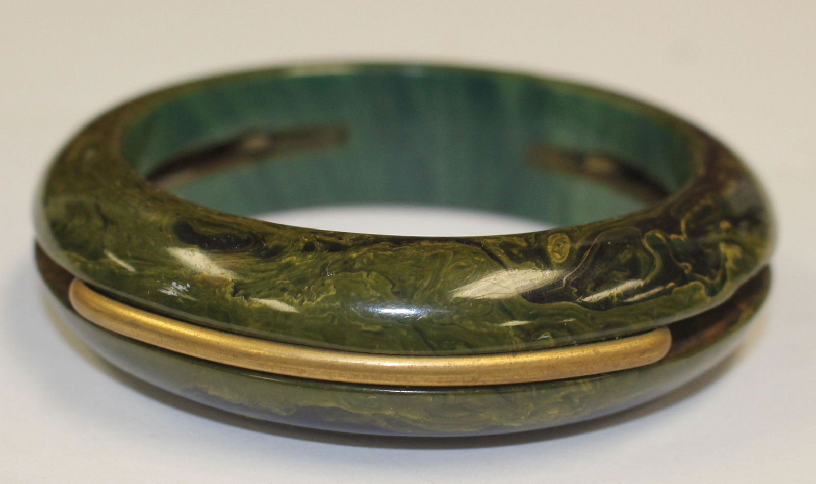 Vintage Bakelite green marble & brass bangle bracelet - (1 of 2)
