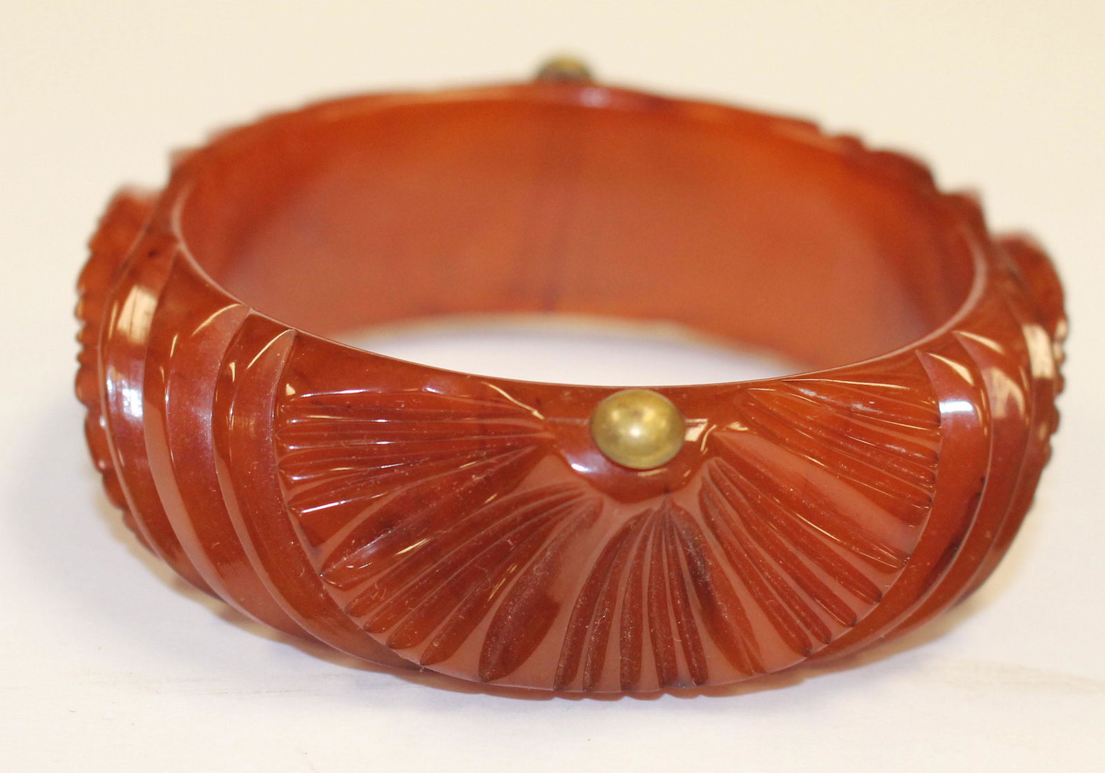 Vintage Bakelite carved amber & brass bangle bracelet w (1 of 2)