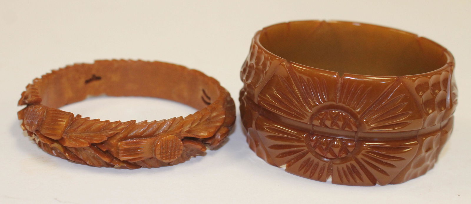 2 Vintage Bakelite carved brown bangles w thistle & (1 of 5)